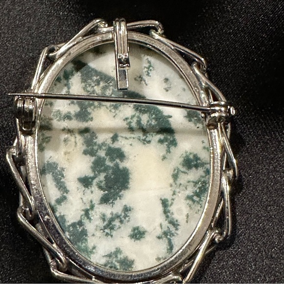Vintage Silver Tone Dentritic Green And White Moss Agate Brooch Pendant Earrings - Picture 3 of 4